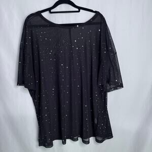 Black Sheer Mesh Rhinestone Festival Top Plus Short Sleeve Oversized Blouse 1XL